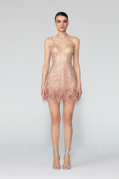 Strappy V Neck Mini Dress With Fur Detail